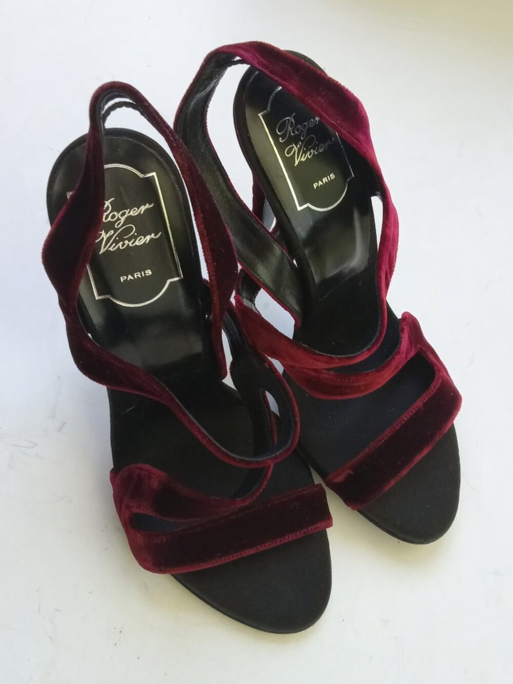 Roger Vivier Sandals Burgundy Velvet Straps High Heels Made in France 37 1/2